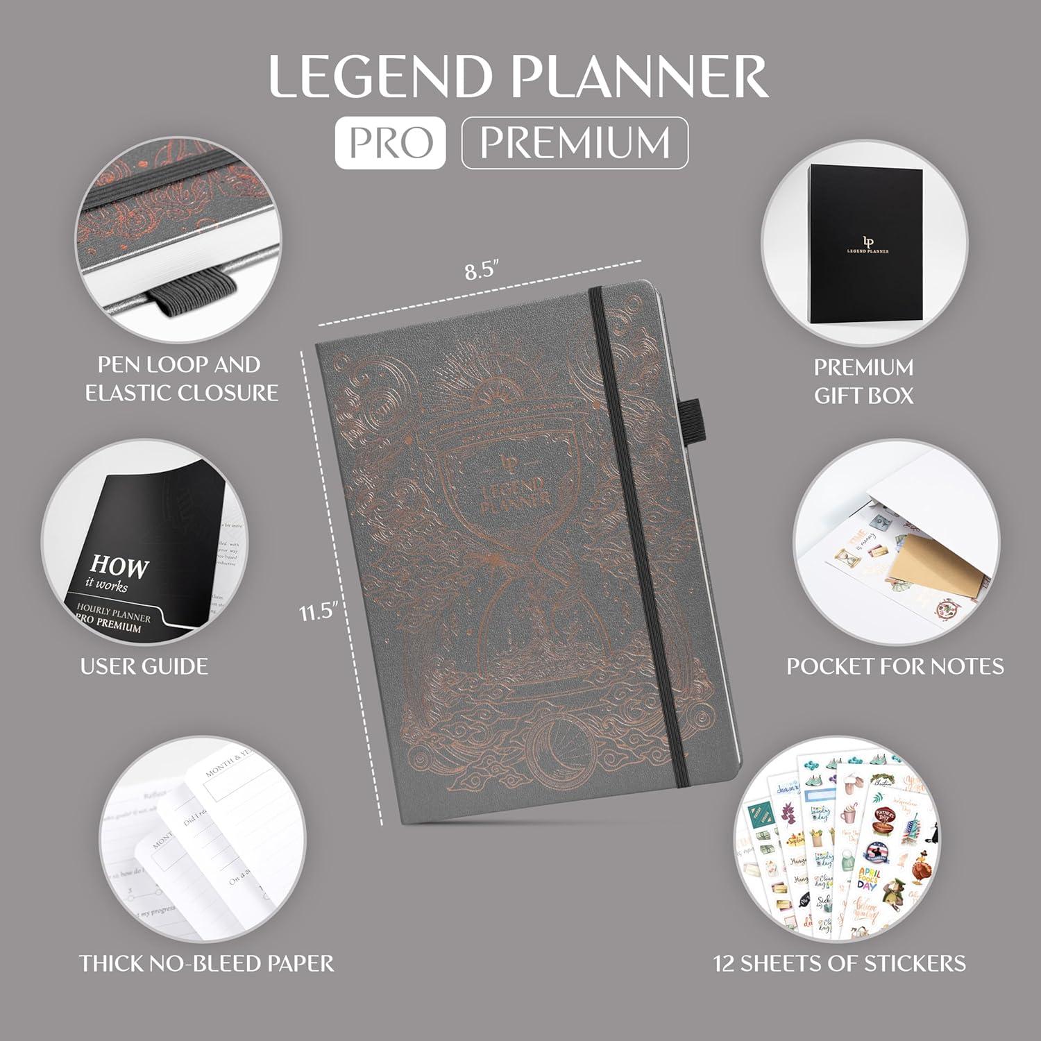 image:imageLegend Hourly Planner PRO Premium Undated Schedule Planner with Time Slots Weekly Monthly amp Daily Personal Organizer A4 PurpleMystic Grey Gold Foil Hourglass
