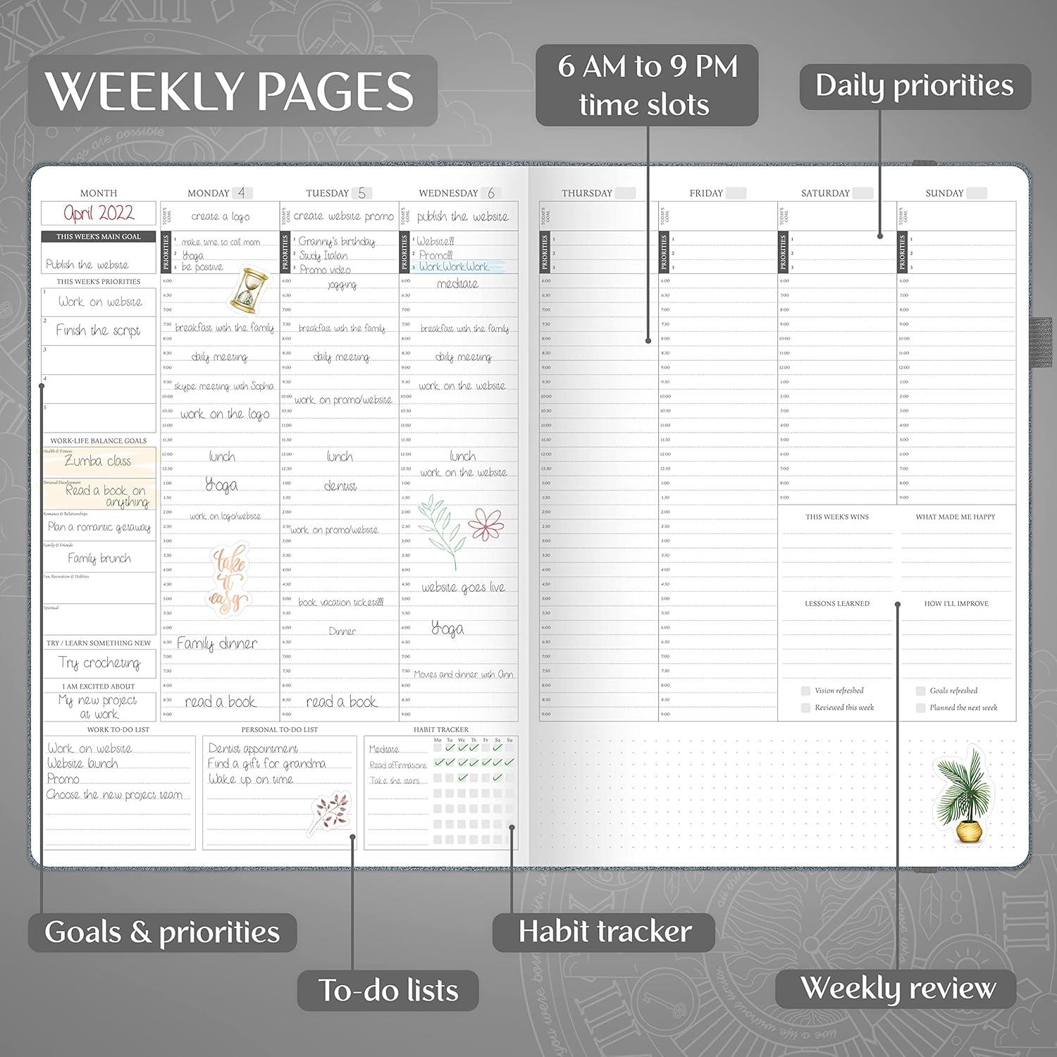 image:imageLegend Hourly Planner PRO Premium Undated Schedule Planner with Time Slots Weekly Monthly amp Daily Personal Organizer A4 PurpleMystic Grey Gold Foil Hourglass