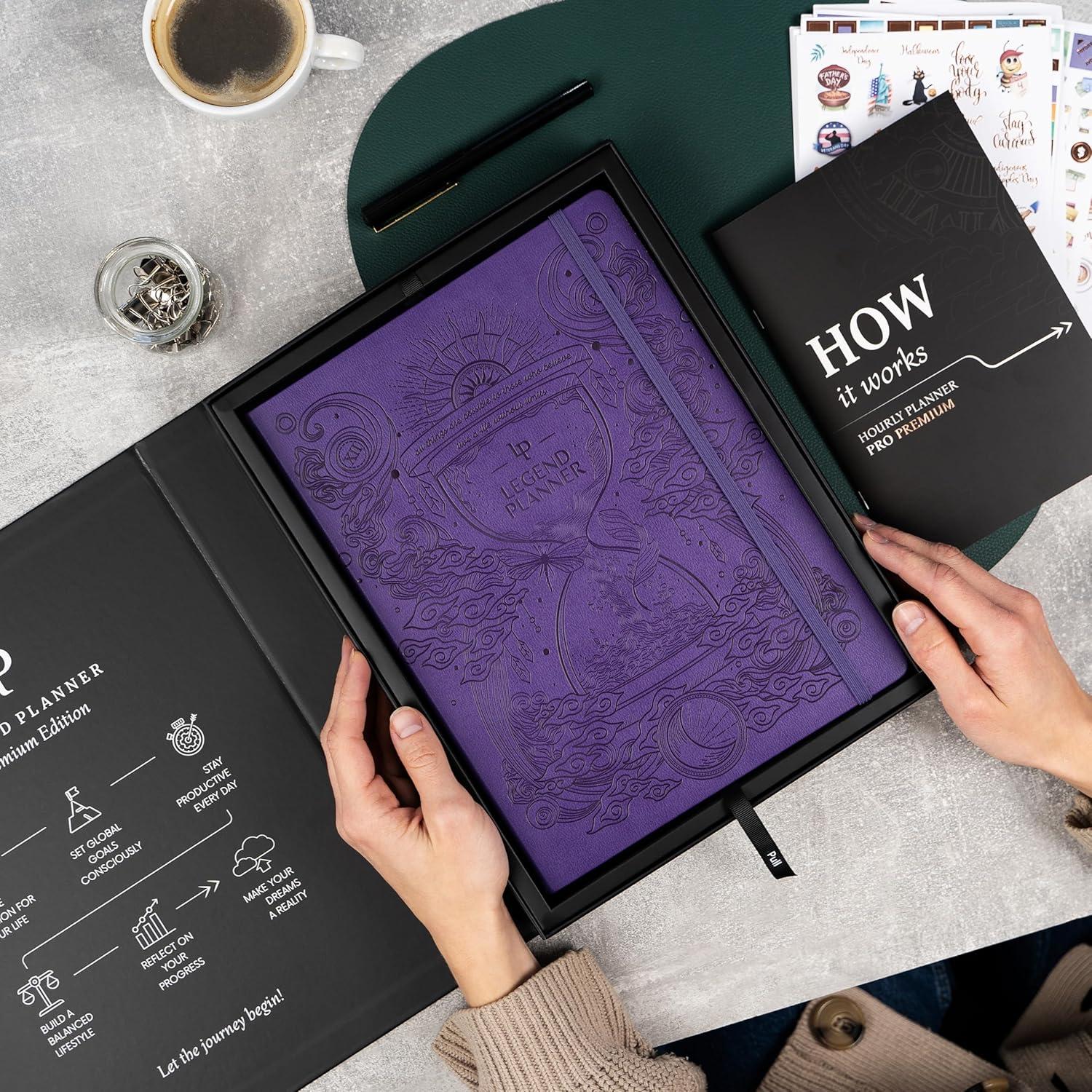 image:imageLegend Hourly Planner PRO Premium Undated Schedule Planner with Time Slots Weekly Monthly amp Daily Personal Organizer A4 PurplePurple Debossed Hourglass