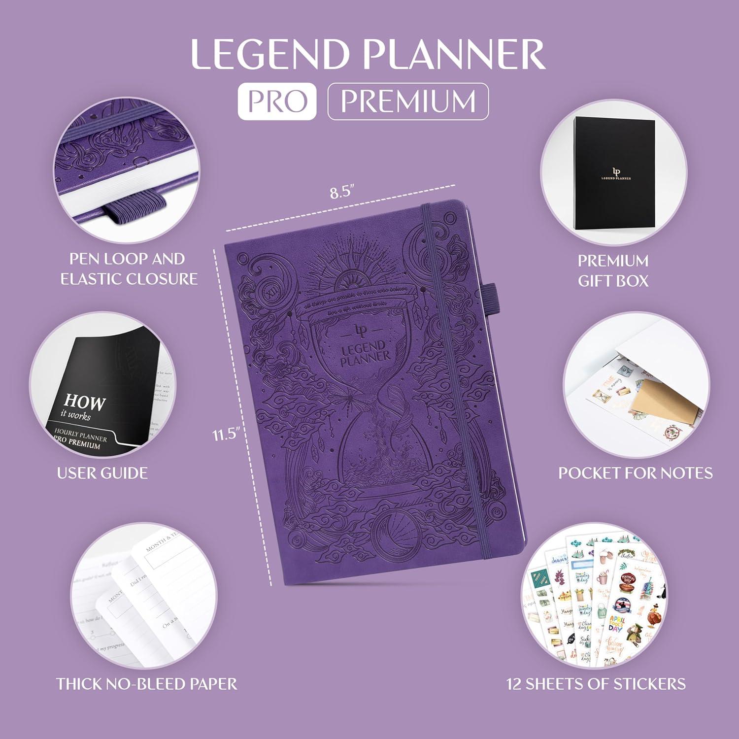 image:imageLegend Hourly Planner PRO Premium Undated Schedule Planner with Time Slots Weekly Monthly amp Daily Personal Organizer A4 PurplePurple Debossed Hourglass