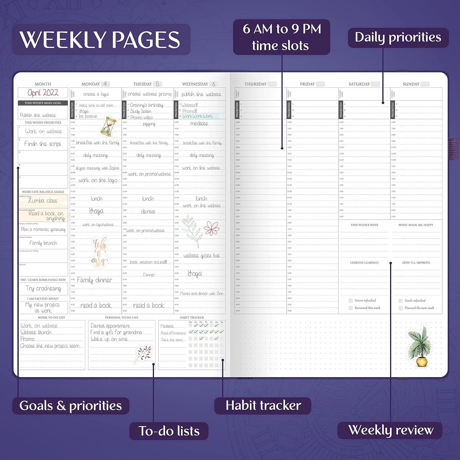 image:imageLegend Hourly Planner PRO Premium Undated Schedule Planner with Time Slots Weekly Monthly amp Daily Personal Organizer A4 PurplePurple Debossed Hourglass