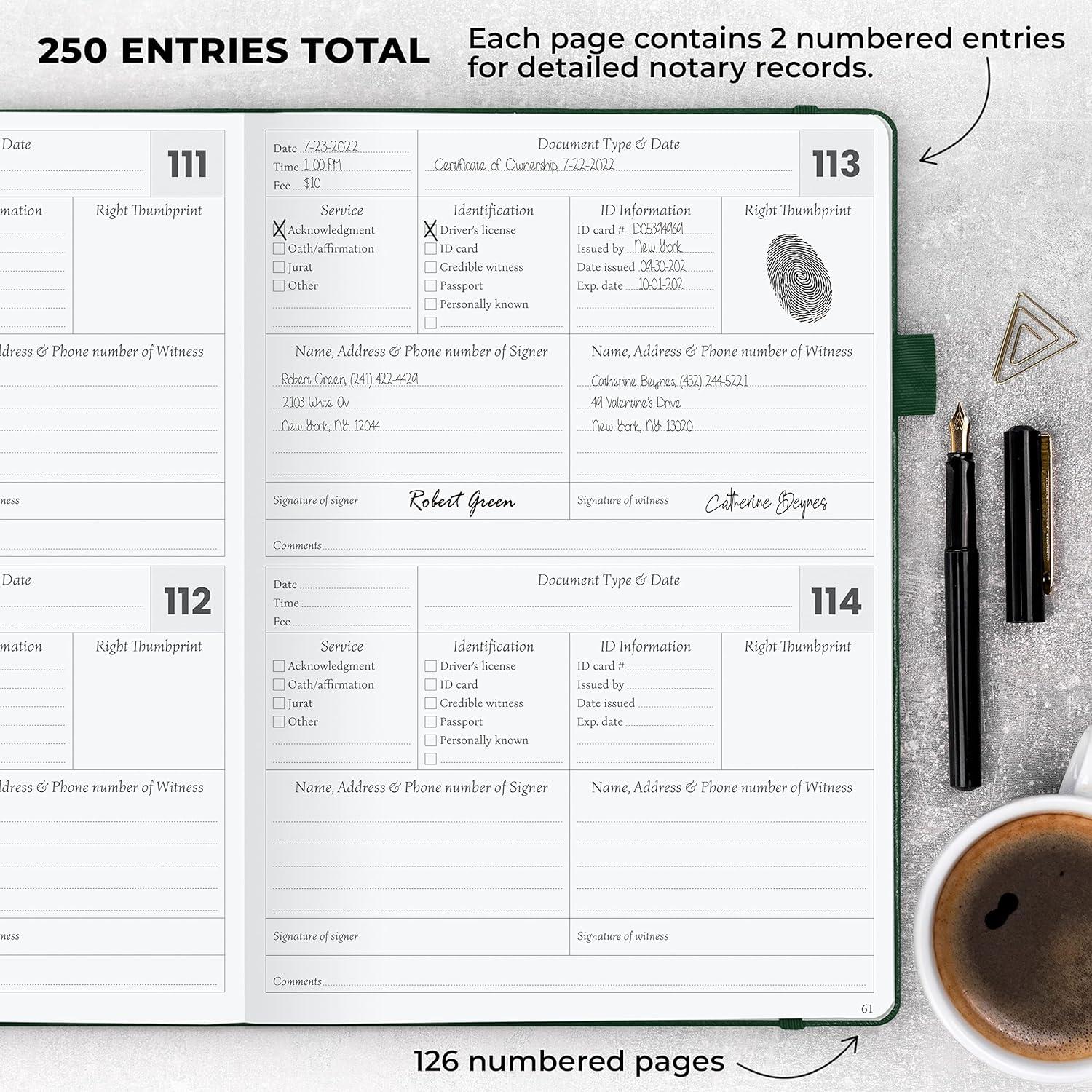 image:imageLegend Notary Journal Hardcover Notary Log Book with PrePrinted Entries Notary Public Journal of Notarial Acts Notary Supplies 250 Entries Numbered Pages 7x10 Dark BlueDark Green