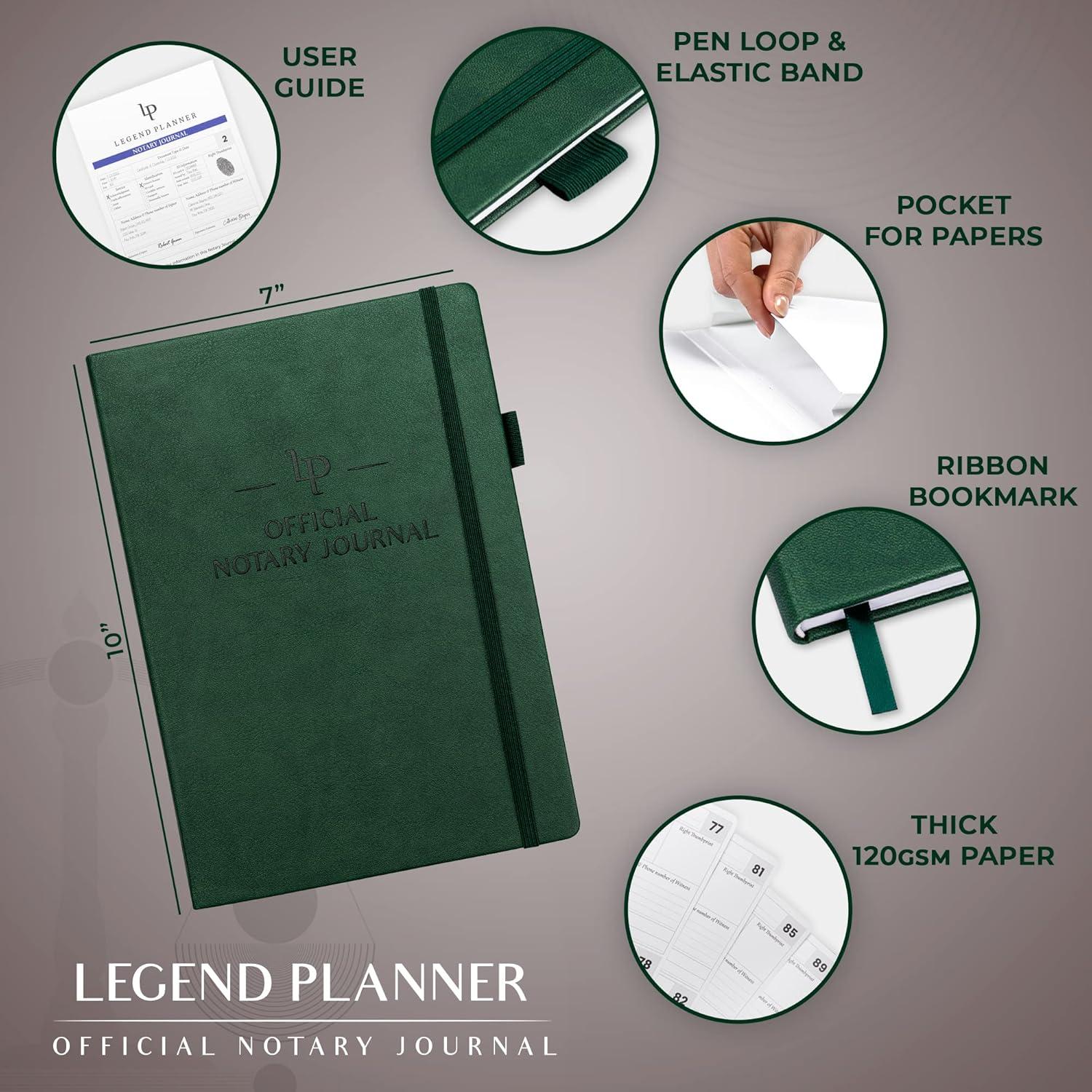 image:imageLegend Notary Journal Hardcover Notary Log Book with PrePrinted Entries Notary Public Journal of Notarial Acts Notary Supplies 250 Entries Numbered Pages 7x10 Dark BlueDark Green