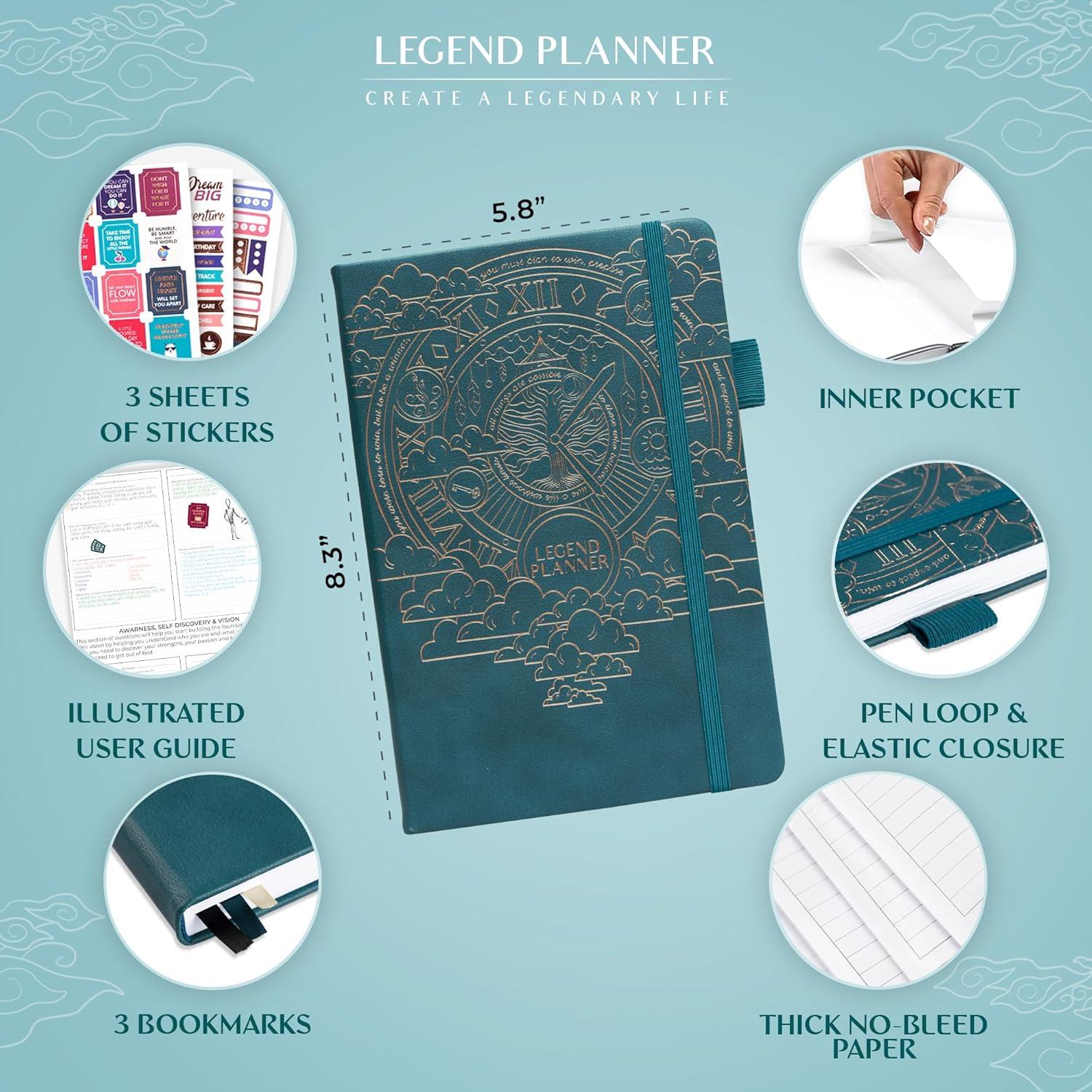 image:imageLegend Planner Hourly Schedule Edition Deluxe Weekly amp Daily Organizer with Time Slots Time Management Appointment Book Journal for Work amp Personal Life Undated A5 Hardcover Dark Green DebossedDark Teal Gold Foil