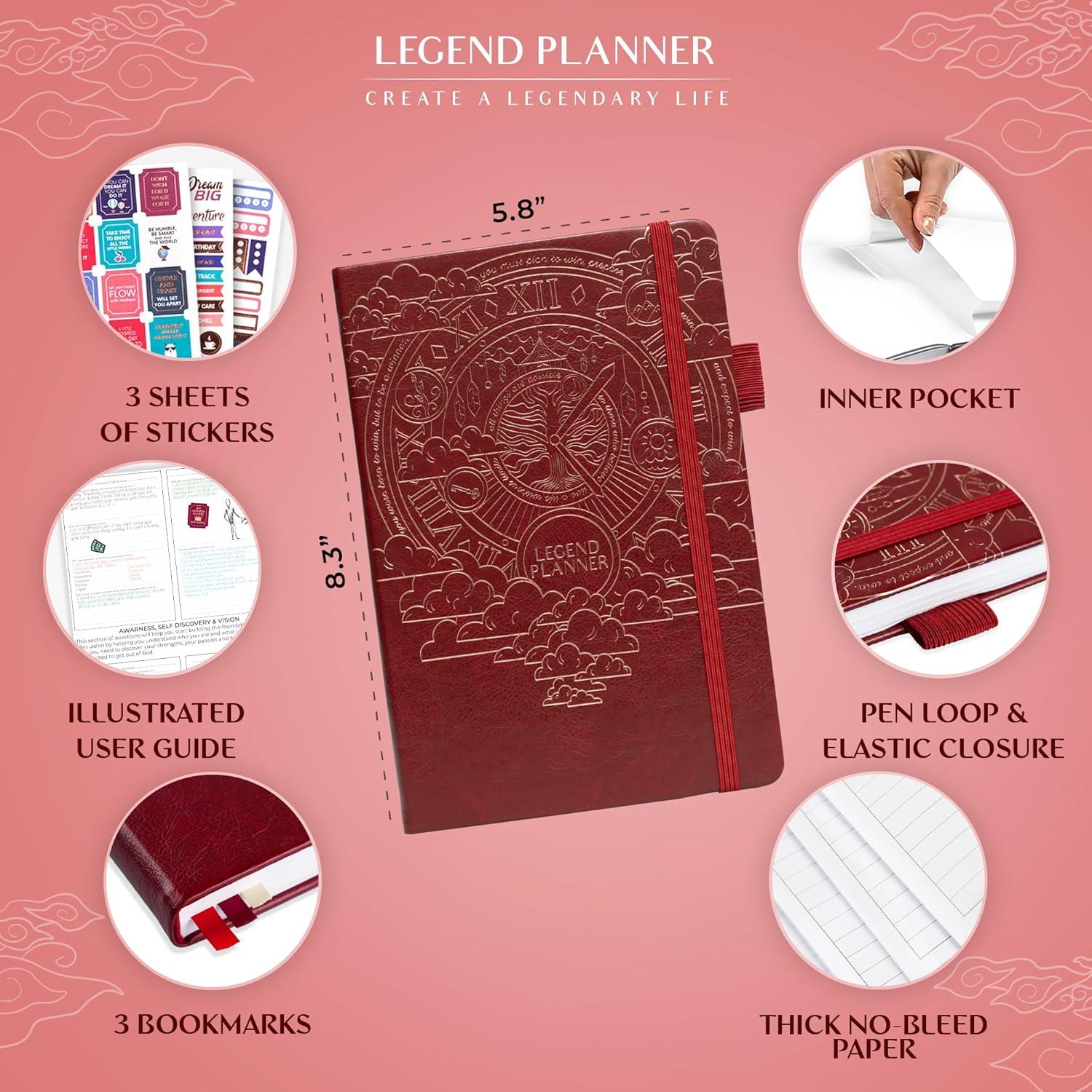 image:imageLegend Planner Hourly Schedule Edition Deluxe Weekly amp Daily Organizer with Time Slots Time Management Appointment Book Journal for Work amp Personal Life Undated A5 Hardcover Dark Green DebossedWine Red Gold Foil