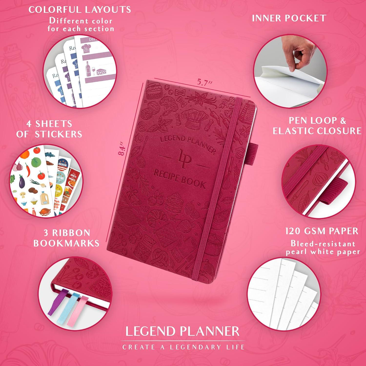 image:imageLegend Recipe Book Blank Family Cookbook to Write In Your Own Recipes Empty Cooking Journal Personalized Cooking Notebook Hardcover A5 58 Recipes In Total Mystic GrayHot Pink