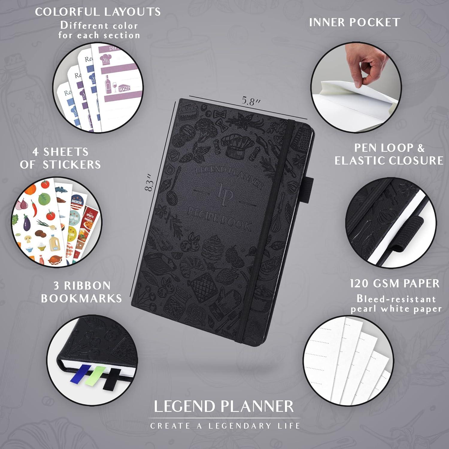 image:imageLegend Recipe Book Blank Family Cookbook to Write In Your Own Recipes Empty Cooking Journal Personalized Cooking Notebook Hardcover A5 58 Recipes In Total Mystic GrayBlack