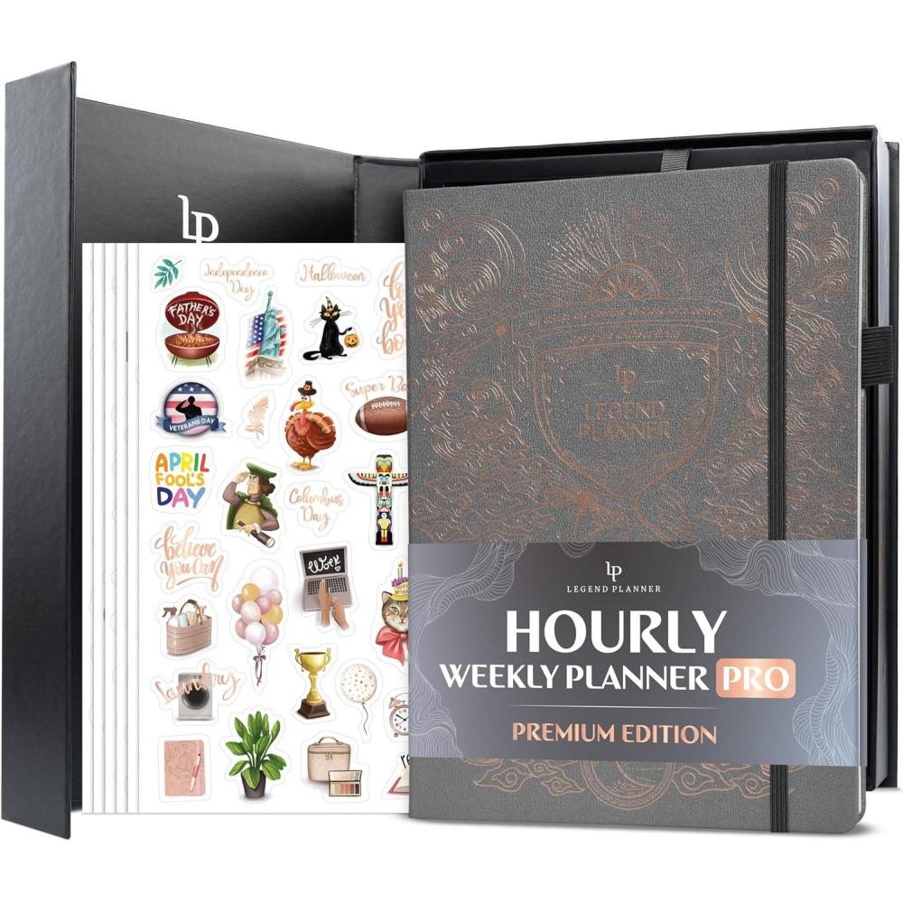 image:imageLegend Hourly Planner PRO Premium Undated Schedule Planner with Time Slots Weekly Monthly amp Daily Personal Organizer A4 PurpleMystic Grey Gold Foil Hourglass