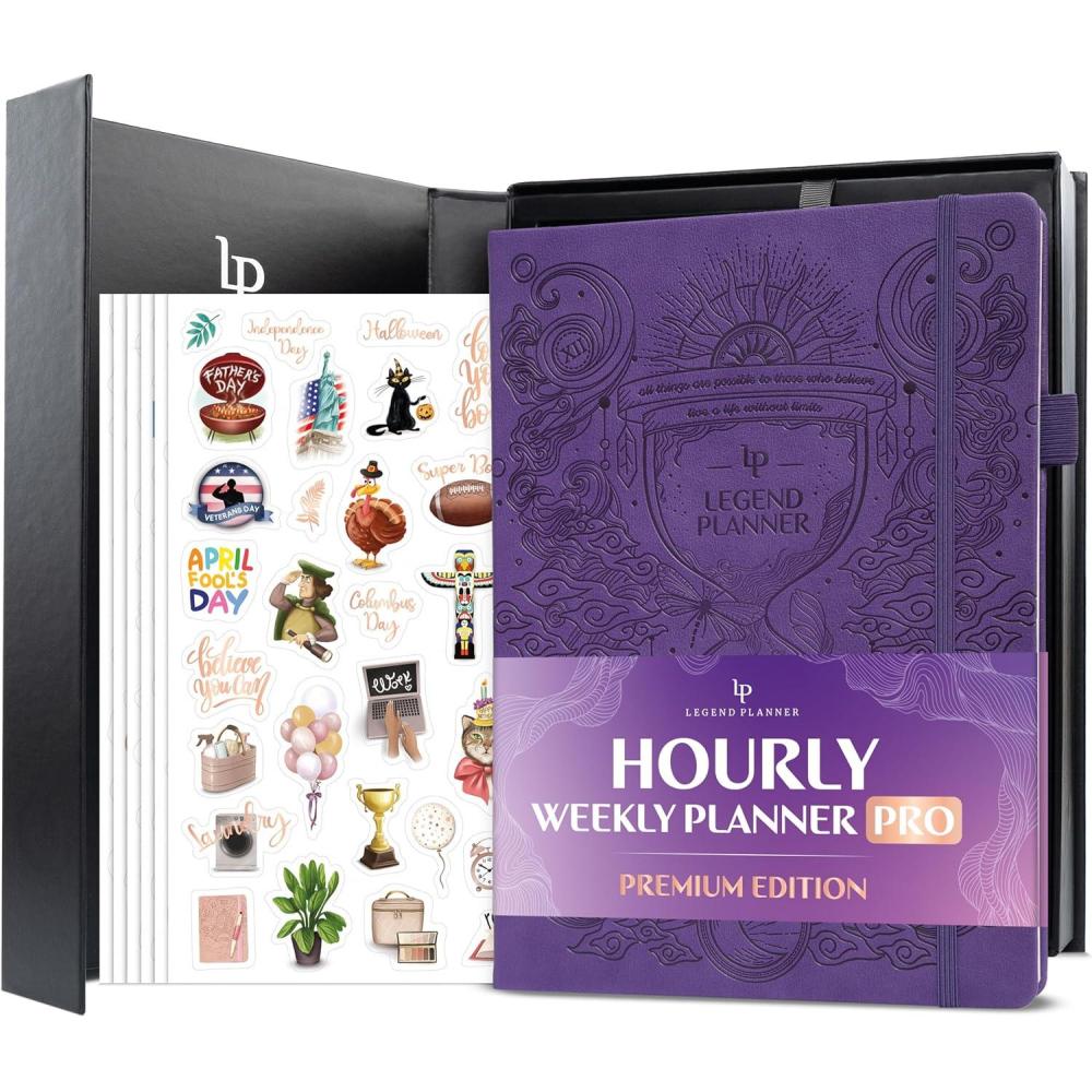 image:imageLegend Hourly Planner PRO Premium Undated Schedule Planner with Time Slots Weekly Monthly amp Daily Personal Organizer A4 PurplePurple Debossed Hourglass