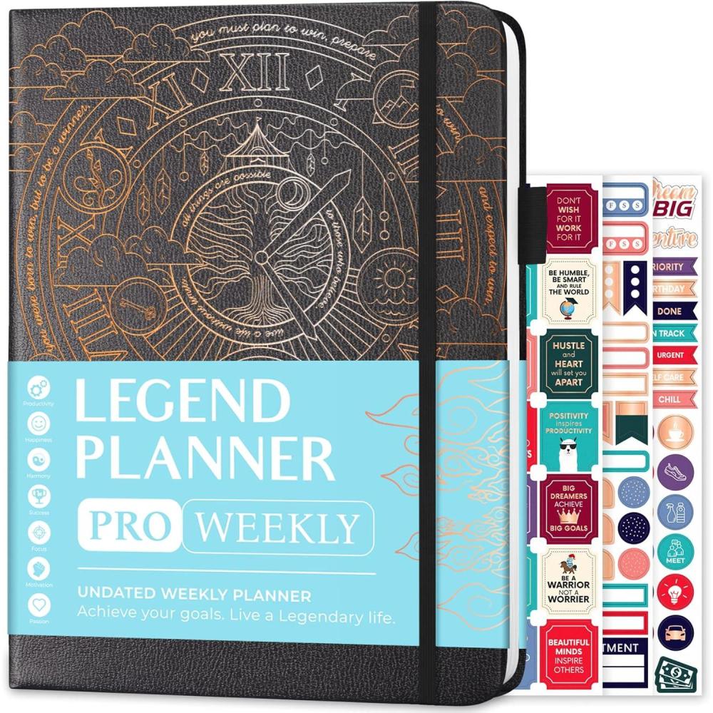 image:imageLegend Planner PRO Deluxe Weekly amp Monthly Life Planner to Increase Productivity and Hit Your Goals Time Management Organizer Notebook Undated 7 x 10 Hardcover Stickers Amber YellowMystic Gray Gold Foil
