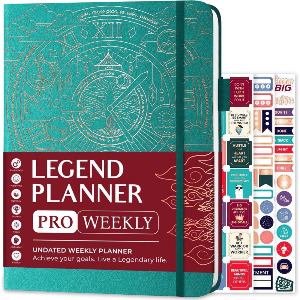 image:imageLegend Planner PRO Deluxe Weekly amp Monthly Life Planner to Increase Productivity and Hit Your Goals Time Management Organizer Notebook Undated 7 x 10 Hardcover Stickers Amber YellowViridian Green Gold Foil
