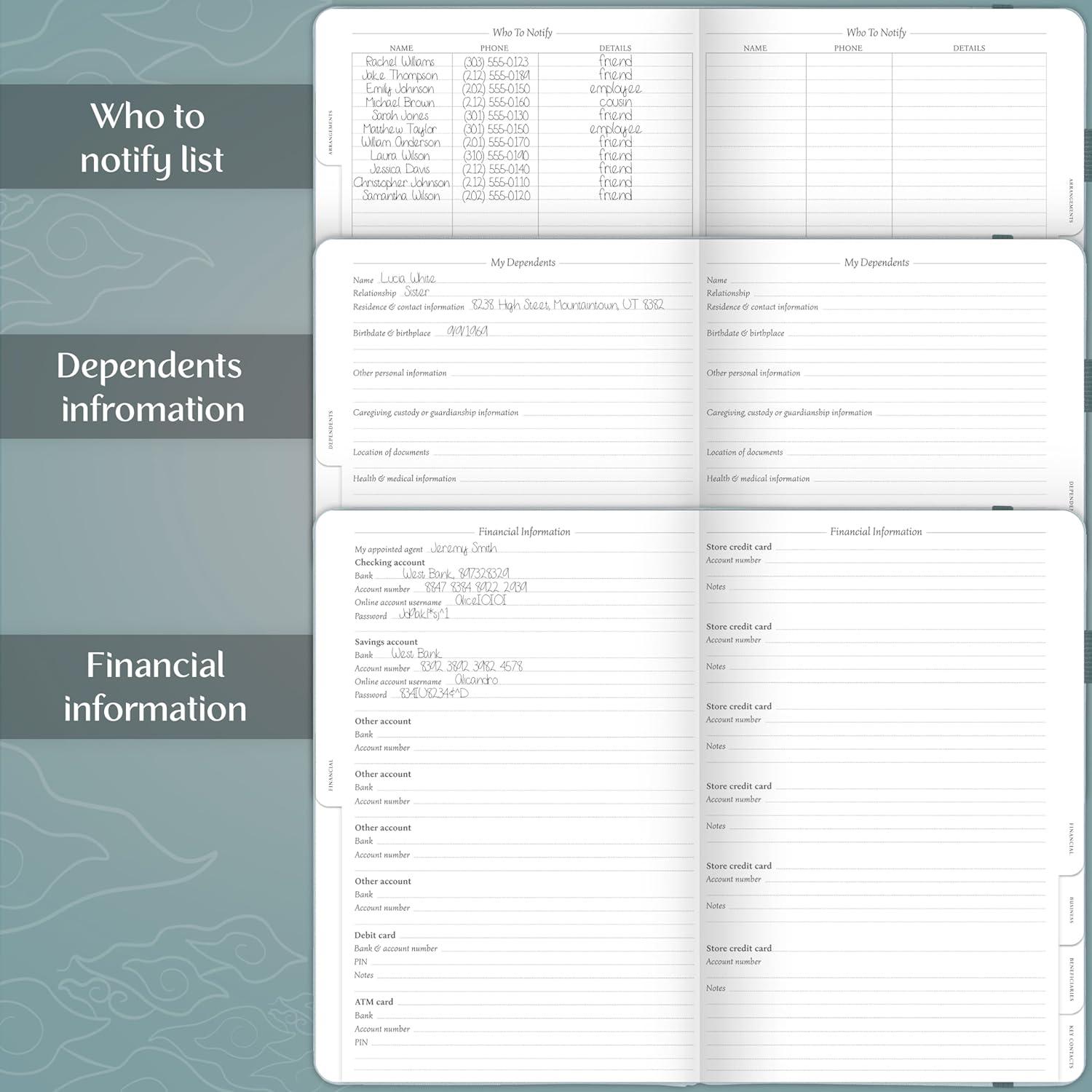 image:imageLegend End of Life Planner When Im Gone Workbook for Final Arrangements Beneficiary Information Funeral Planning Last Wishes amp Will Preparation Final Wishes Organizer Book 7x10 WhiteBlue Surf