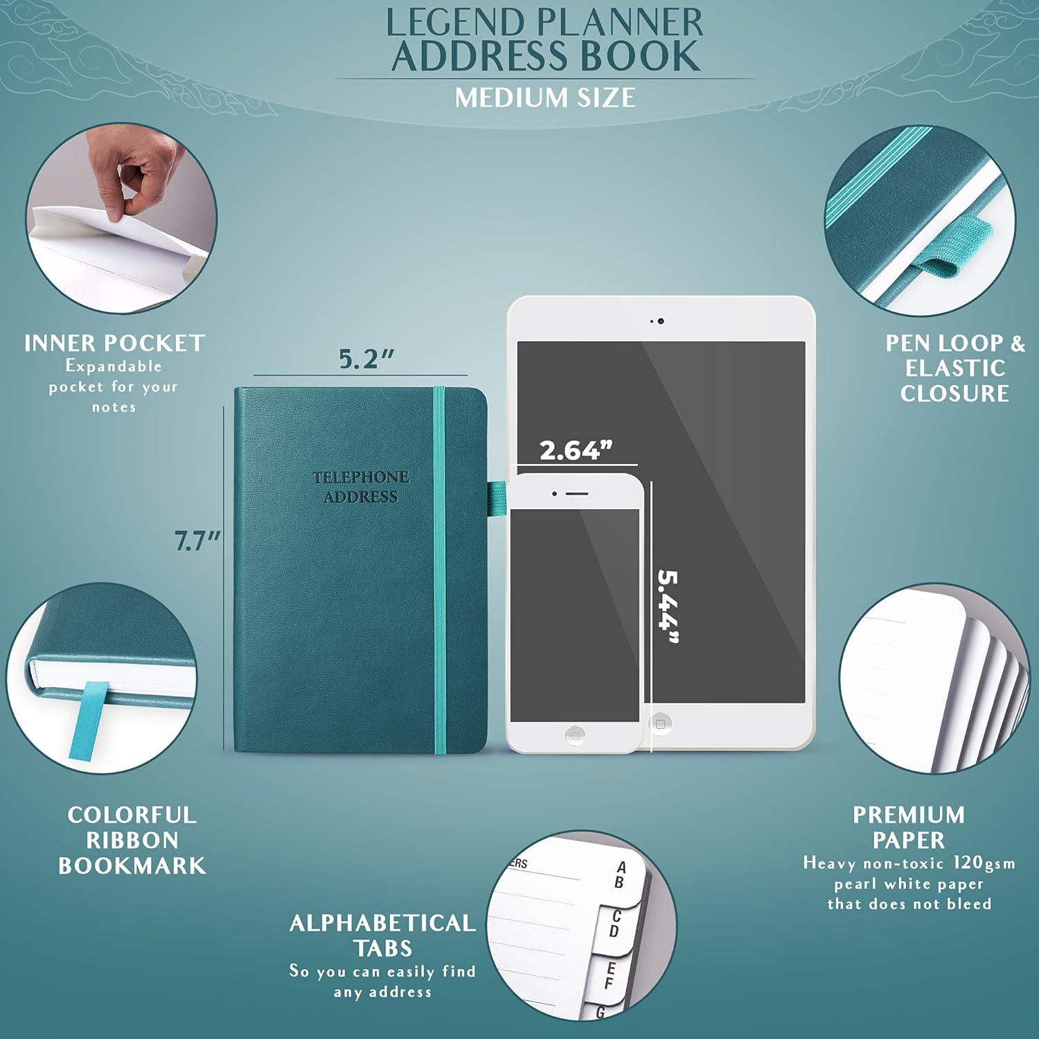 image:imageLegend Planner Address Book with Alphabetical Tabs Telephone Contacts Book for Phone Numbers Addresses Passwords Medium Hot PinkDark Teal