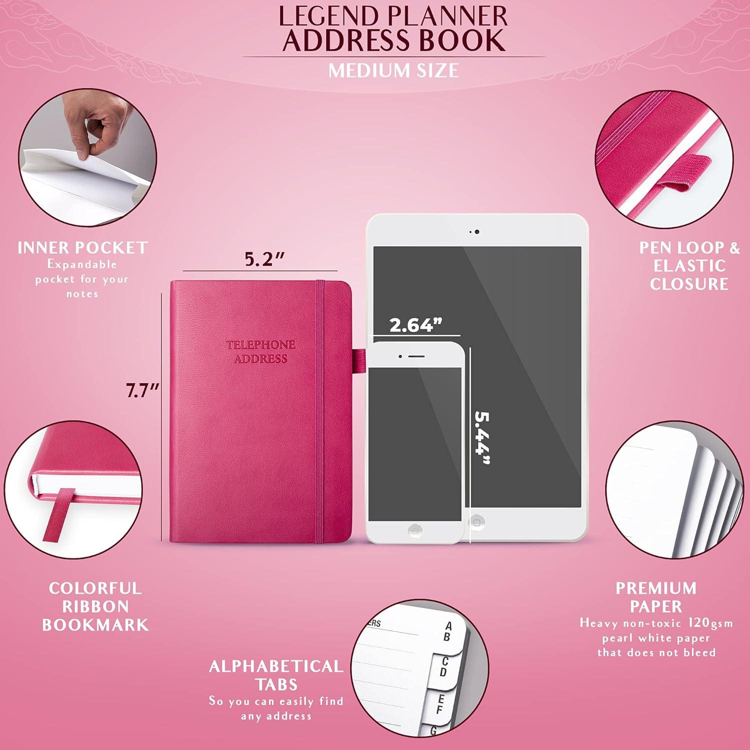 image:imageLegend Planner Address Book with Alphabetical Tabs Telephone Contacts Book for Phone Numbers Addresses Passwords Medium Hot PinkHot Pink