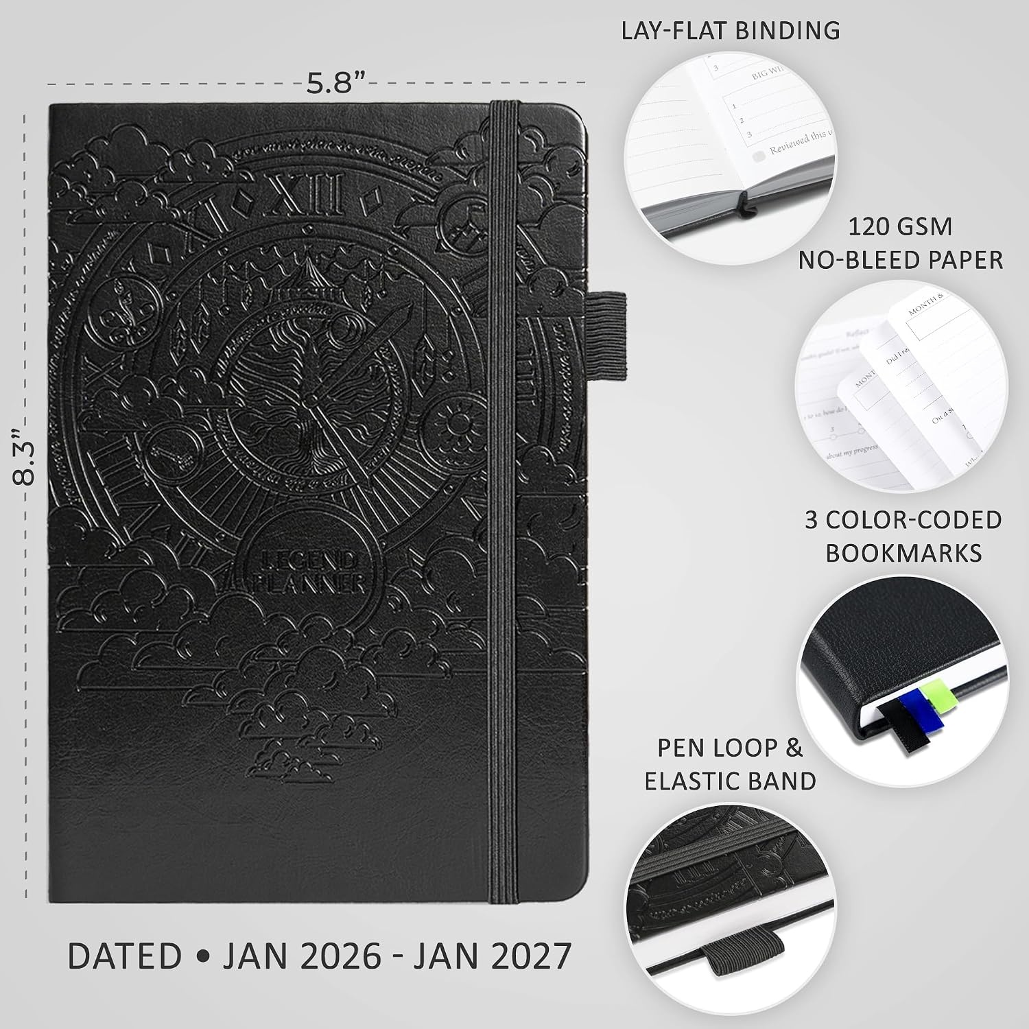 image:imageLegend Dated Hourly Weekly Planner 2026 Daily Monthly amp Yearly Agenda with Time Slots Hardcover Organizer Journal 58x83 PeriwinkleBlack