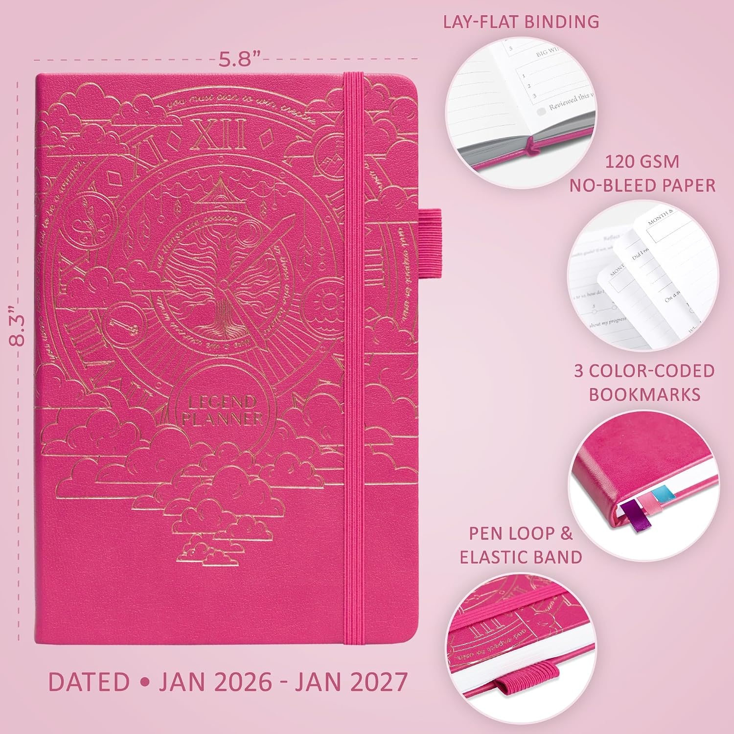 image:imageLegend Dated Hourly Weekly Planner 2026 Daily Monthly amp Yearly Agenda with Time Slots Hardcover Organizer Journal 58x83 PeriwinkleHot Pink